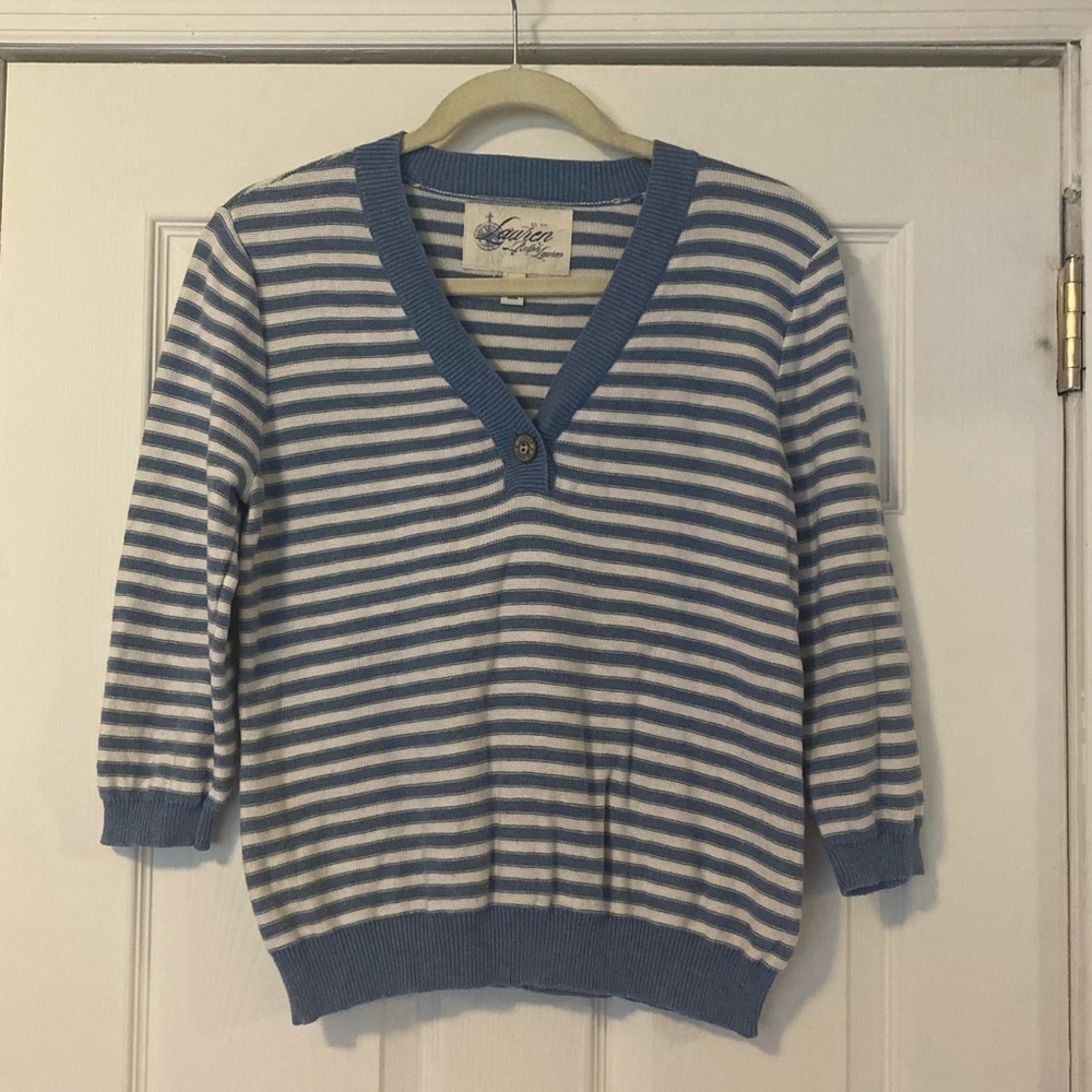 Lauren Ralph Lauren Blue and White Striped V-Neck Sweater